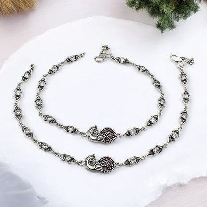 925 Sterling Silver Pink White CZ Oxidised Peacock pajeb Anklet Pair 10"