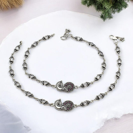 925 Sterling Silver Pink White CZ Oxidised Peacock pajeb Anklet Pair 10"