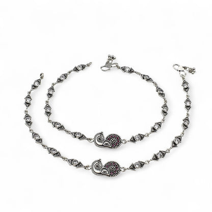 925 Sterling Silver Pink White CZ Oxidised Peacock pajeb Anklet Pair 10"