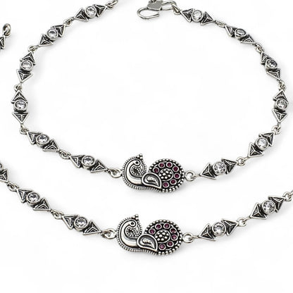 925 Sterling Silver Pink White CZ Oxidised Peacock pajeb Anklet Pair 10"