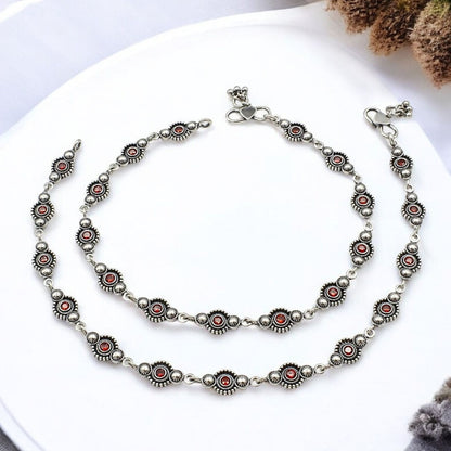 Beach wear 925 Sterling Silver Orange CZ Oxidised payal Anklet Pair 10"