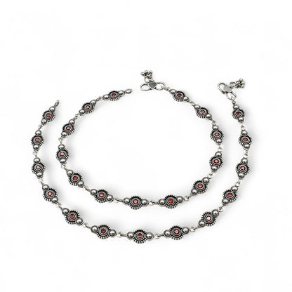 Beach wear 925 Sterling Silver Orange CZ Oxidised payal Anklet Pair 10"