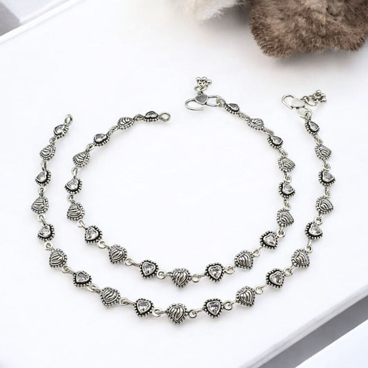 Heart design 925 Sterling Silver White CZ Oxidised floral payal Anklet Pair 10"