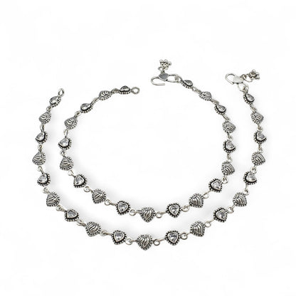 Heart design 925 Sterling Silver White CZ Oxidised floral payal Anklet Pair 10"