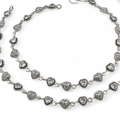 Heart design 925 Sterling Silver White CZ Oxidised floral payal Anklet Pair 10"