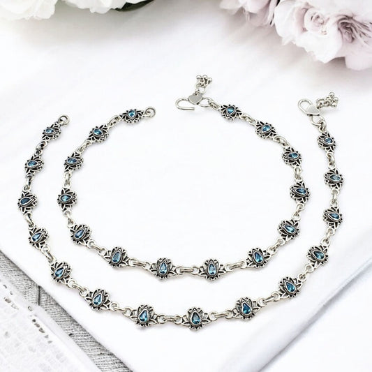 925 Sterling Silver Blue CZ Oxidised Lotus design payal  Pair 10.3"