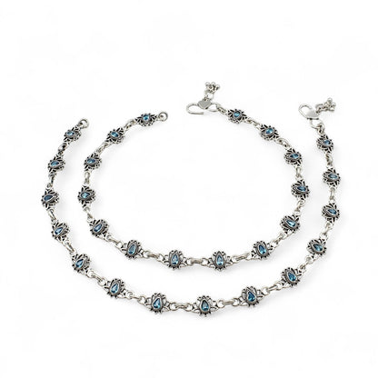925 Sterling Silver Blue CZ Oxidised Lotus design payal  Pair 10.3"