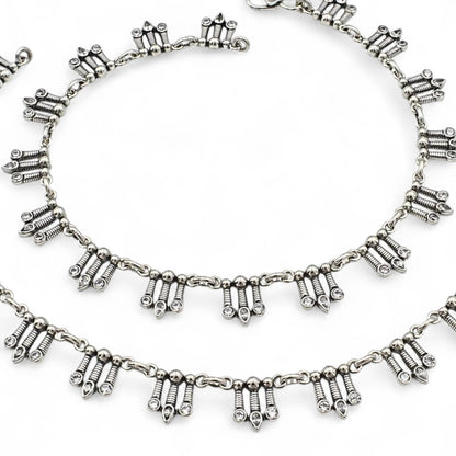 925 Sterling Silver Excellent gifting White CZ Oxidised payal Anklet Pair 10.5"