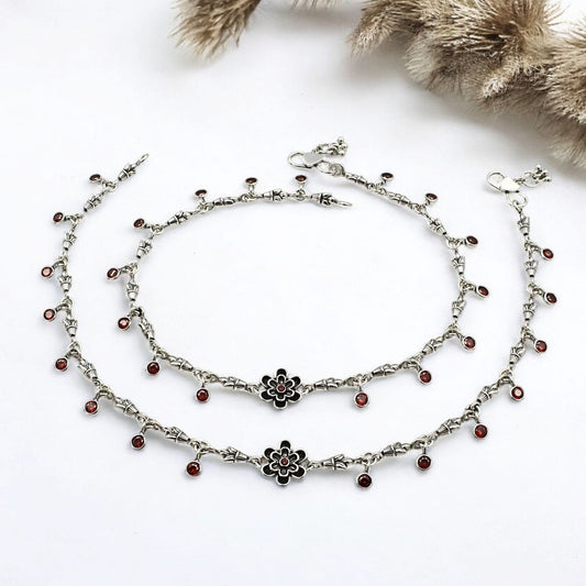 Amazing 925 Sterling Silver Orange CZ Oxidised floral Anklet Pair 10.3"