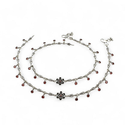 Amazing 925 Sterling Silver Orange CZ Oxidised floral Anklet Pair 10.3"