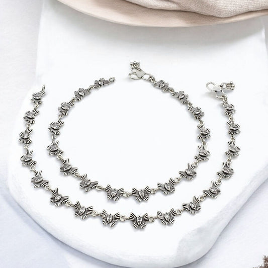 925 Sterling Silver White CZ Oxidised Butterfly payal Anklet Pair 10.3"