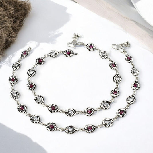 925 Sterling Silver Excellent Pink White CZ Oxidised pajeb Anklet Pair 10"