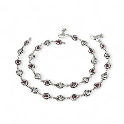 925 Sterling Silver Excellent Pink White CZ Oxidised pajeb Anklet Pair 10"
