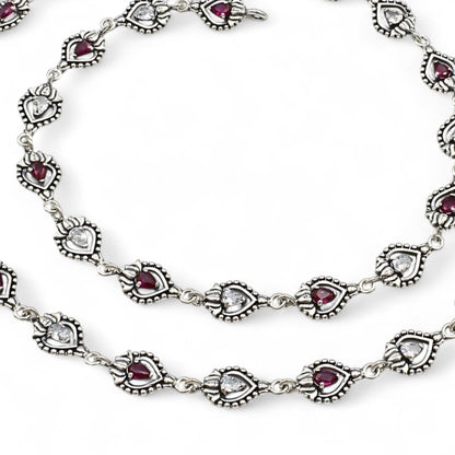 925 Sterling Silver Excellent Pink White CZ Oxidised pajeb Anklet Pair 10"