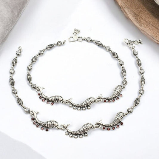 925 Sterling Silver Orange CZ Oxidized Fish payal Anklet Pair 10.5"
