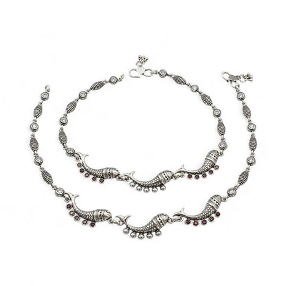 925 Sterling Silver Orange CZ Oxidized Fish payal Anklet Pair 10.5"