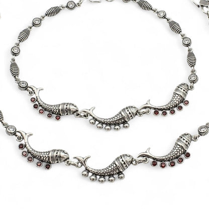 925 Sterling Silver Orange CZ Oxidized Fish payal Anklet Pair 10.5"