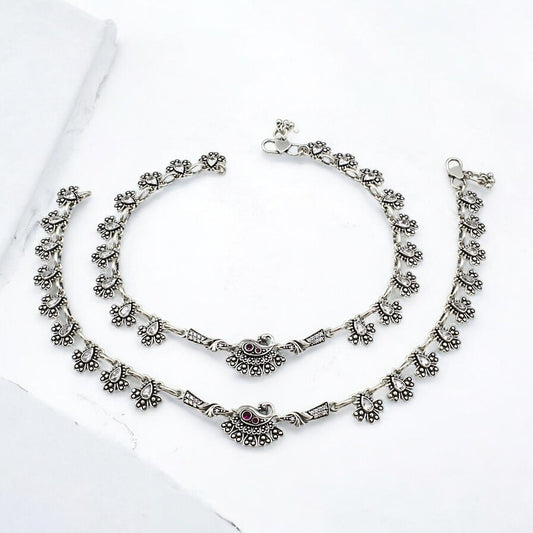 925 Sterling Silver Pink White CZ Oxidized Peacock pajeb Anklet Pair 10.3"