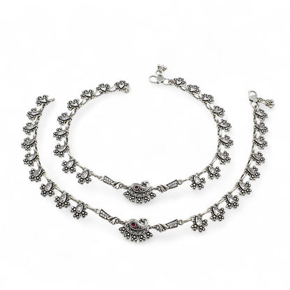 925 Sterling Silver Pink White CZ Oxidized Peacock pajeb Anklet Pair 10.3"
