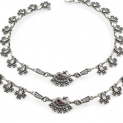925 Sterling Silver Pink White CZ Oxidized Peacock pajeb Anklet Pair 10.3"