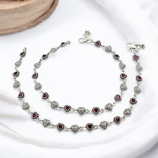 Amazing 925 Sterling Silver Pink CZ Oxidized Heart design payal Anklet Pair 10"