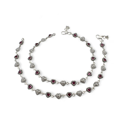 Amazing 925 Sterling Silver Pink CZ Oxidized Heart design payal Anklet Pair 10"