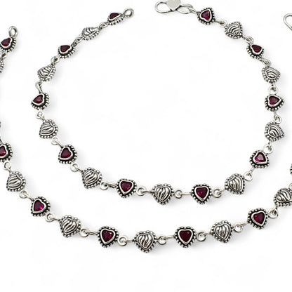 Amazing 925 Sterling Silver Pink CZ Oxidized Heart design payal Anklet Pair 10"