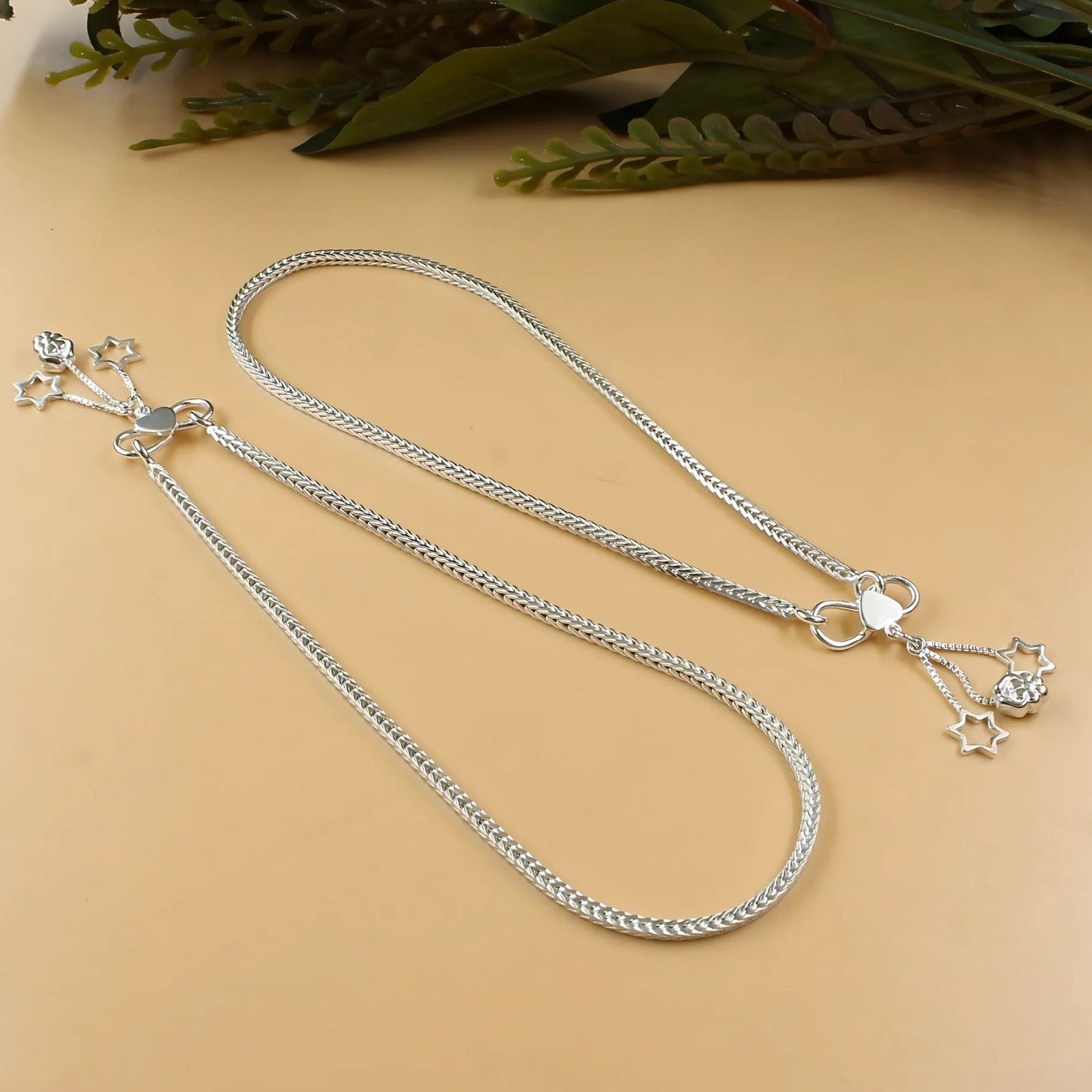 925 Sterling Silver women foxtail Chain Anklet Pair 9.8"