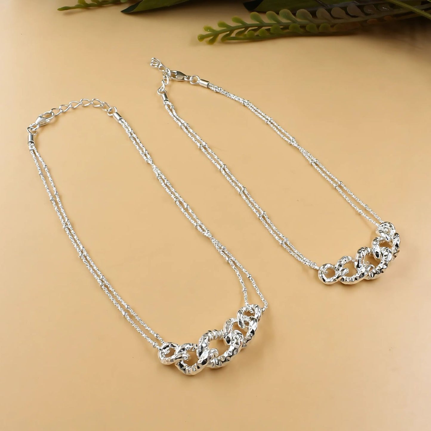 925 Sterling Silver women double Chain Anklet Pair 9.5"