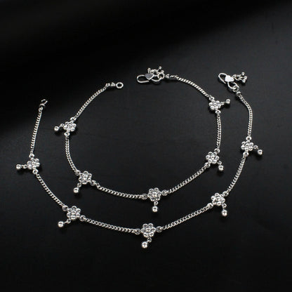 925 Sterling Silver women flower design Oxidised Anklet Pair 10.2"