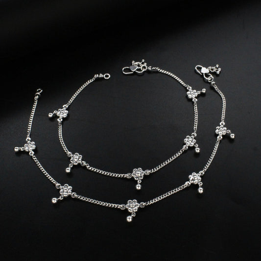 925 Sterling Silver women flower design Oxidised Anklet Pair 10.2"