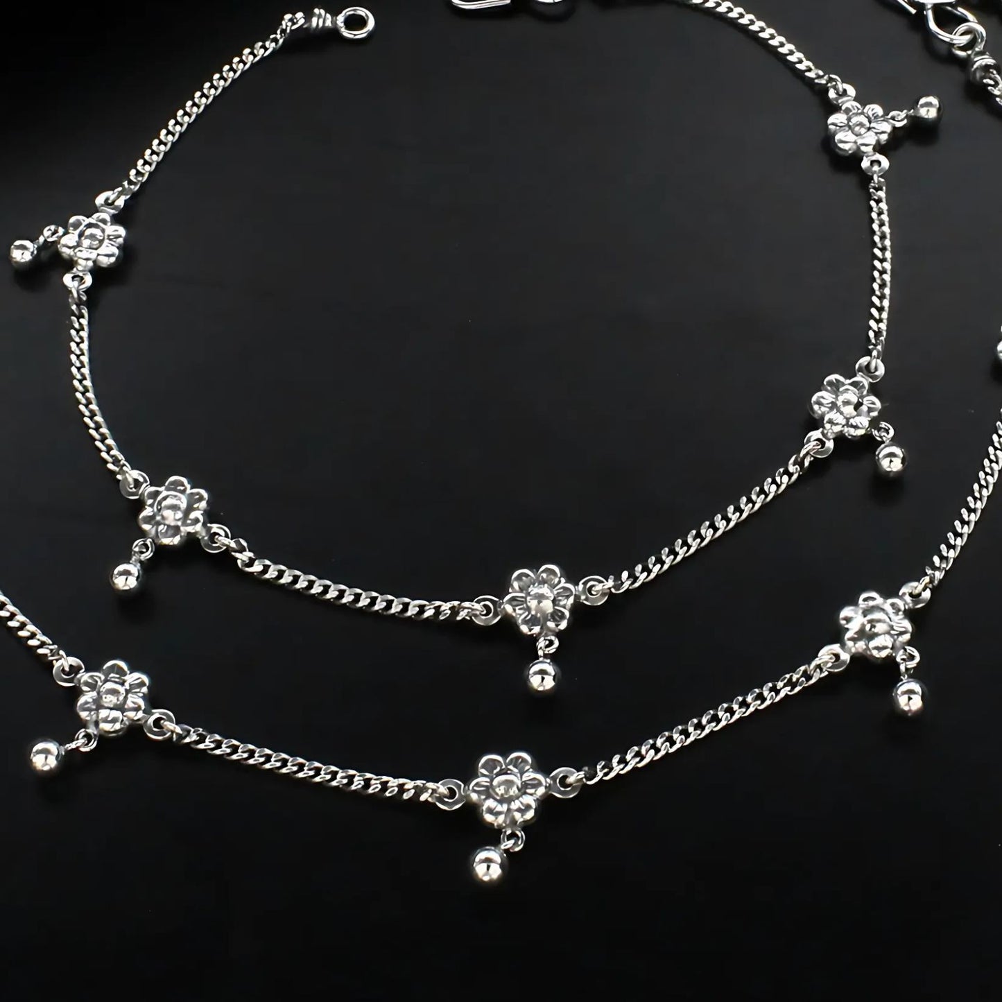 925 Sterling Silver women flower design Oxidised Anklet Pair 10.2"
