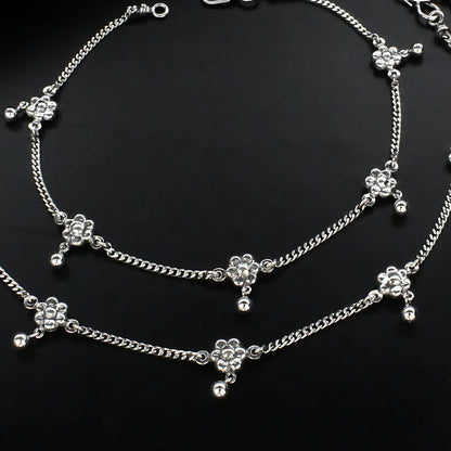 925 Sterling Silver women flower design Oxidised Anklet Pair 10.2"