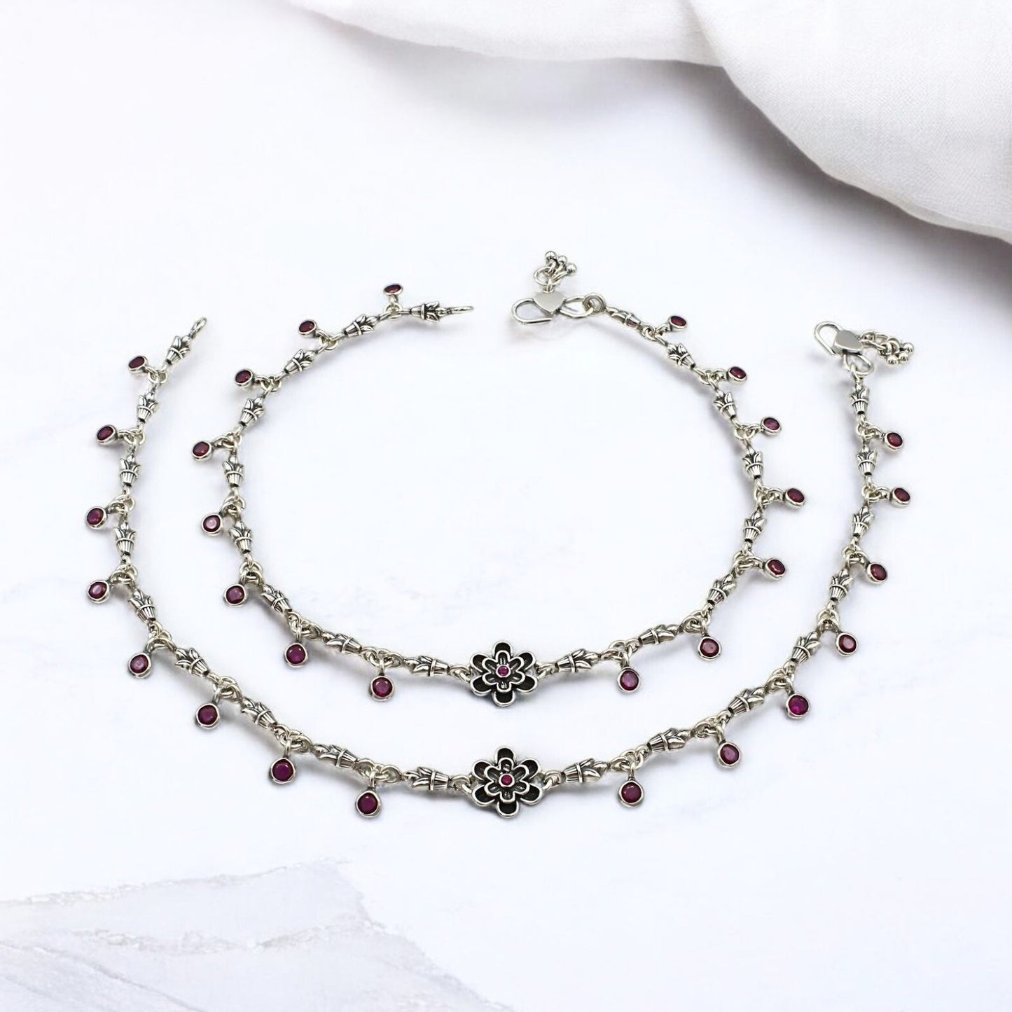 925 Sterling Silver Women Pink CZ Oxidised Payal Anklet Pair 10.3"