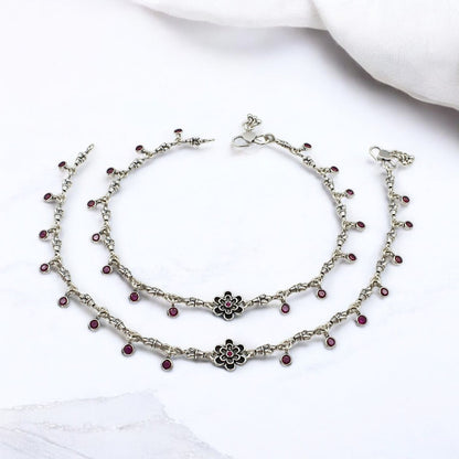 925 Sterling Silver Women Pink CZ Oxidised Payal Anklet Pair 10.3"