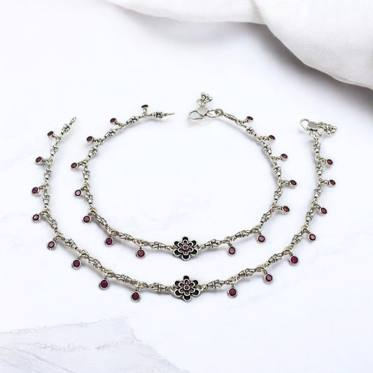 925 Sterling Silver Women Pink CZ Oxidised Payal Anklet Pair 10.3"