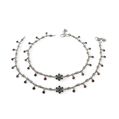 925 Sterling Silver Women Pink CZ Oxidised Payal Anklet Pair 10.3"