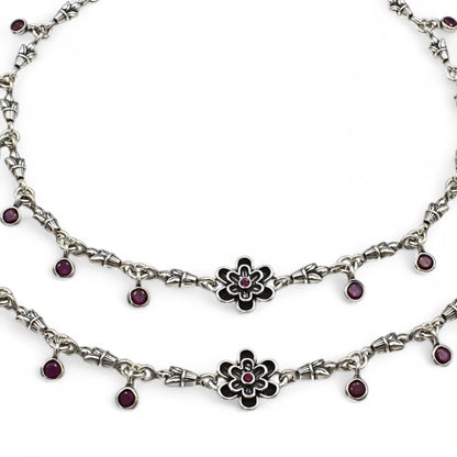 925 Sterling Silver Women Pink CZ Oxidised Payal Anklet Pair 10.3"