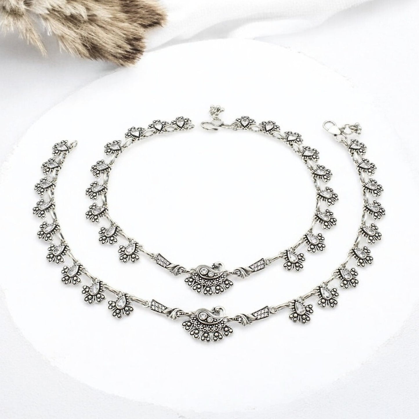 925 Sterling Silver Women Peacock White CZ Oxidised Jhanjhar Anklet Pair 10.3"