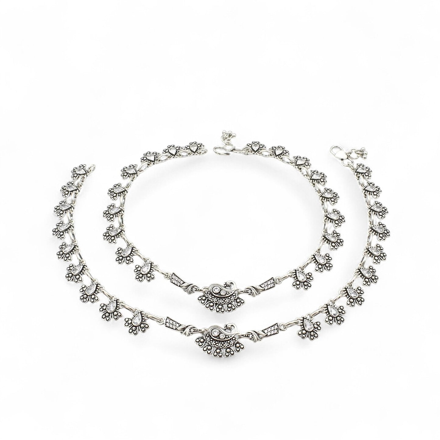 925 Sterling Silver Women Peacock White CZ Oxidised Jhanjhar Anklet Pair 10.3"