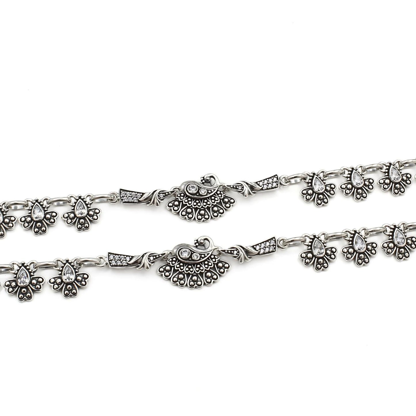 925 Sterling Silver Women Peacock White CZ Oxidised Jhanjhar Anklet Pair 10.3"