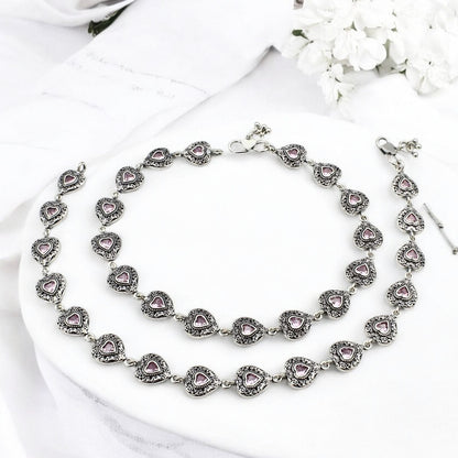 925 Sterling Silver Women Pink CZ Oxidised Hearts payal Anklet Pair 10.3"
