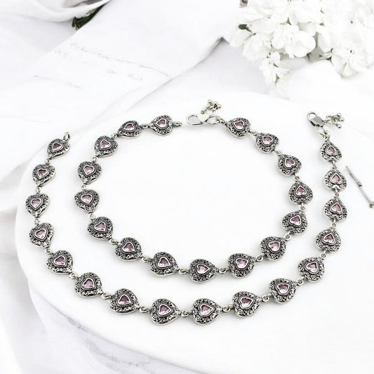 925 Sterling Silver Women Pink CZ Oxidised Hearts payal Anklet Pair 10.3"