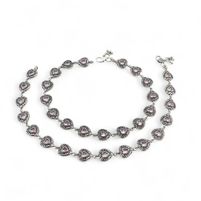 925 Sterling Silver Women Pink CZ Oxidised Hearts payal Anklet Pair 10.3"
