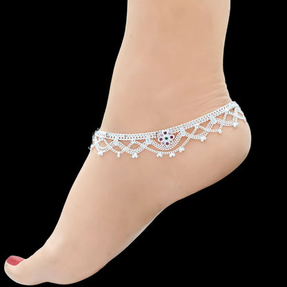 Real Sterling Silver women Multi CZ Jhallar style Anklet Ankle Pair 10.3"
