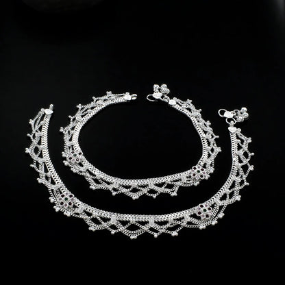 Real Sterling Silver women Multi CZ Jhallar style Anklet Ankle Pair 10.3"
