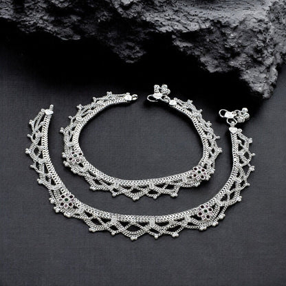 Real Sterling Silver women Multi CZ Jhallar style Anklet Ankle Pair 10.3"