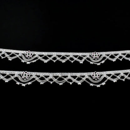 Real Sterling Silver women Multi CZ Jhallar style Anklet Ankle Pair 10.3"