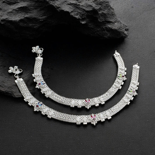 Boho style Real Sterling Silver women Pink White CZ Anklet Ankle Pair 10.3"