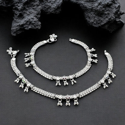 Real Sterling Silver women Multi CZ dangle cultural design Anklet Ankle Pair 10.3"